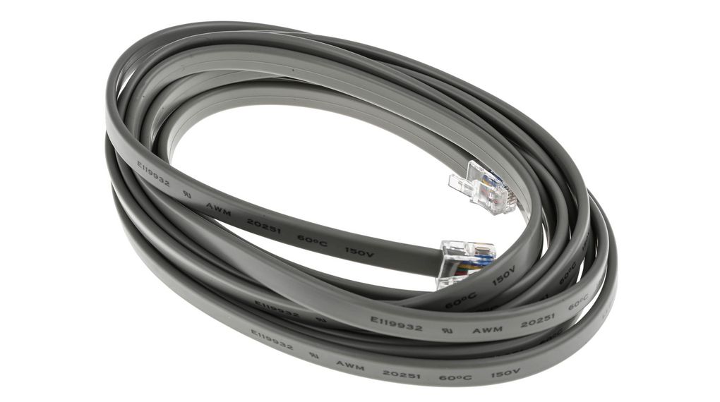 Telefonkabel, RJ12-Stecker - RJ12-Stecker, Flach, 3m, Grau